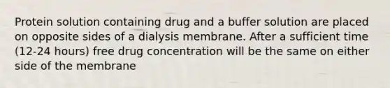 Protein solution containing drug and a buffer solution are placed on opposite sides of a dialysis membrane. After a sufficient time (12-24 hours) free drug concentration will be the same on either side of the membrane