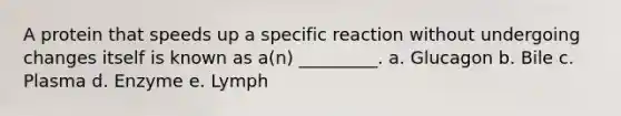 A protein that speeds up a specific reaction without undergoing changes itself is known as a(n) _________. a. Glucagon b. Bile c. Plasma d. Enzyme e. Lymph