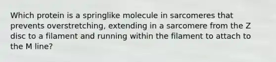 Which protein is a springlike molecule in sarcomeres that prevents overstretching, extending in a sarcomere from the Z disc to a filament and running within the filament to attach to the M line?