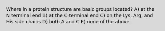 Where in a protein structure are basic groups located? A) at the N-terminal end B) at the C-terminal end C) on the Lys, Arg, and His side chains D) both A and C E) none of the above