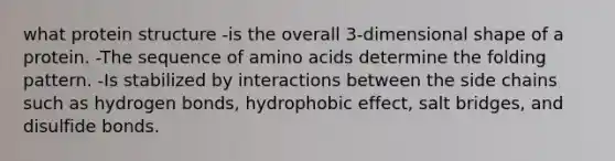 what protein structure -is the overall 3-dimensional shape of a protein. -The sequence of amino acids determine the folding pattern. -Is stabilized by interactions between the side chains such as hydrogen bonds, hydrophobic effect, salt bridges, and disulfide bonds.