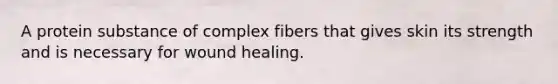 A protein substance of complex fibers that gives skin its strength and is necessary for wound healing.