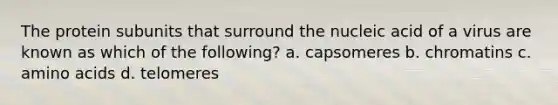 The protein subunits that surround the nucleic acid of a virus are known as which of the following? a. capsomeres b. chromatins c. amino acids d. telomeres