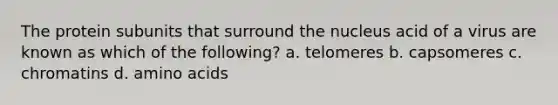 The protein subunits that surround the nucleus acid of a virus are known as which of the following? a. telomeres b. capsomeres c. chromatins d. amino acids