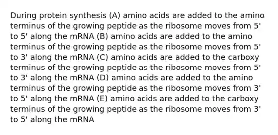 During <a href='https://www.questionai.com/knowledge/kVyphSdCnD-protein-synthesis' class='anchor-knowledge'>protein synthesis</a> (A) <a href='https://www.questionai.com/knowledge/k9gb720LCl-amino-acids' class='anchor-knowledge'>amino acids</a> are added to the amino terminus of the growing peptide as the ribosome moves from 5' to 5' along the mRNA (B) amino acids are added to the amino terminus of the growing peptide as the ribosome moves from 5' to 3' along the mRNA (C) amino acids are added to the carboxy terminus of the growing peptide as the ribosome moves from 5' to 3' along the mRNA (D) amino acids are added to the amino terminus of the growing peptide as the ribosome moves from 3' to 5' along the mRNA (E) amino acids are added to the carboxy terminus of the growing peptide as the ribosome moves from 3' to 5' along the mRNA