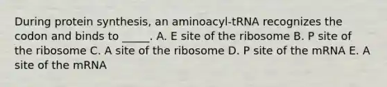 During <a href='https://www.questionai.com/knowledge/kVyphSdCnD-protein-synthesis' class='anchor-knowledge'>protein synthesis</a>, an aminoacyl-tRNA recognizes the codon and binds to _____. A. E site of the ribosome B. P site of the ribosome C. A site of the ribosome D. P site of the mRNA E. A site of the mRNA