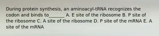 During protein synthesis, an aminoacyl-tRNA recognizes the codon and binds to_______ A. E site of the ribosome B. P site of the ribosome C. A site of the ribosome D. P site of the mRNA E. A site of the mRNA