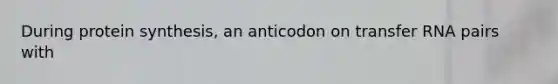 During protein synthesis, an anticodon on transfer RNA pairs with