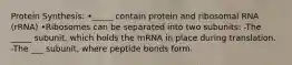 Protein Synthesis: •_____ contain protein and ribosomal RNA (rRNA) •Ribosomes can be separated into two subunits: -The _____ subunit, which holds the mRNA in place during translation. -The ___ subunit, where peptide bonds form.