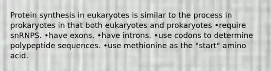 <a href='https://www.questionai.com/knowledge/kVyphSdCnD-protein-synthesis' class='anchor-knowledge'>protein synthesis</a> in eukaryotes is similar to the process in prokaryotes in that both eukaryotes and prokaryotes •require snRNPS. •have exons. •have introns. •use codons to determine polypeptide sequences. •use methionine as the "start" amino acid.