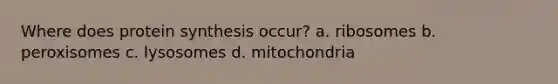 Where does <a href='https://www.questionai.com/knowledge/kVyphSdCnD-protein-synthesis' class='anchor-knowledge'>protein synthesis</a> occur? a. ribosomes b. peroxisomes c. lysosomes d. mitochondria