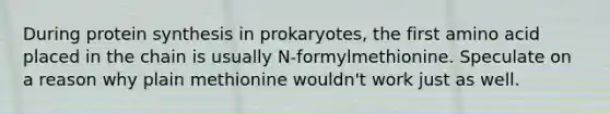 During protein synthesis in prokaryotes, the first amino acid placed in the chain is usually N-formylmethionine. Speculate on a reason why plain methionine wouldn't work just as well.