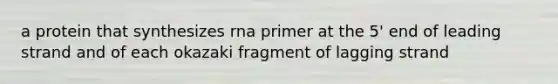 a protein that synthesizes rna primer at the 5' end of leading strand and of each okazaki fragment of lagging strand