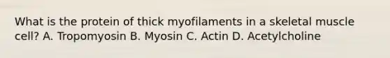 What is the protein of thick myofilaments in a skeletal muscle cell? A. Tropomyosin B. Myosin C. Actin D. Acetylcholine