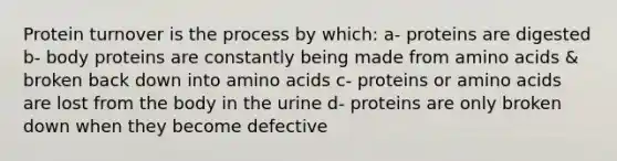 Protein turnover is the process by which: a- proteins are digested b- body proteins are constantly being made from amino acids & broken back down into amino acids c- proteins or amino acids are lost from the body in the urine d- proteins are only broken down when they become defective