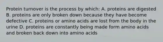 Protein turnover is the process by which: A. proteins are digested B. proteins are only broken down because they have become defective C. proteins or amino acids are lost from the body in the urine D. proteins are constantly being made form amino acids and broken back down into amino acids