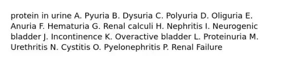 protein in urine A. Pyuria B. Dysuria C. Polyuria D. Oliguria E. Anuria F. Hematuria G. Renal calculi H. Nephritis I. Neurogenic bladder J. Incontinence K. Overactive bladder L. Proteinuria M. Urethritis N. Cystitis O. Pyelonephritis P. Renal Failure