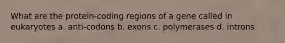 What are the protein-coding regions of a gene called in eukaryotes a. anti-codons b. exons c. polymerases d. introns