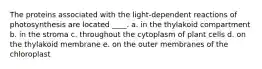 The proteins associated with the light-dependent reactions of photosynthesis are located ____.​ a. in the thylakoid compartment​ b. ​in the stroma c. ​throughout the cytoplasm of plant cells d. ​on the thylakoid membrane e. ​on the outer membranes of the chloroplast