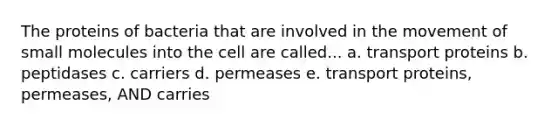 The proteins of bacteria that are involved in the movement of small molecules into the cell are called... a. transport proteins b. peptidases c. carriers d. permeases e. transport proteins, permeases, AND carries