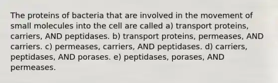 The proteins of bacteria that are involved in the movement of small molecules into the cell are called a) transport proteins, carriers, AND peptidases. b) transport proteins, permeases, AND carriers. c) permeases, carriers, AND peptidases. d) carriers, peptidases, AND porases. e) peptidases, porases, AND permeases.