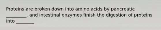 Proteins are broken down into <a href='https://www.questionai.com/knowledge/k9gb720LCl-amino-acids' class='anchor-knowledge'>amino acids</a> by pancreatic _________, and intestinal enzymes finish the digestion of proteins into ________