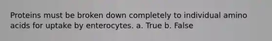 Proteins must be broken down completely to individual amino acids for uptake by enterocytes. a. True b. False