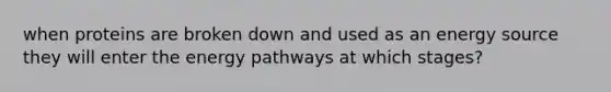 when proteins are broken down and used as an energy source they will enter the energy pathways at which stages?