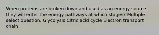 When proteins are broken down and used as an energy source they will enter the energy pathways at which stages? Multiple select question. Glycolysis Citric acid cycle Electron transport chain