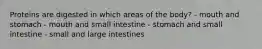 Proteins are digested in which areas of the body? - mouth and stomach - mouth and small intestine - stomach and small intestine - small and large intestines