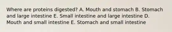 Where are proteins digested? A. Mouth and stomach B. Stomach and large intestine E. Small intestine and large intestine D. Mouth and small intestine E. Stomach and small intestine