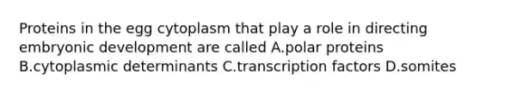 Proteins in the egg cytoplasm that play a role in directing embryonic development are called A.polar proteins B.cytoplasmic determinants C.transcription factors D.somites