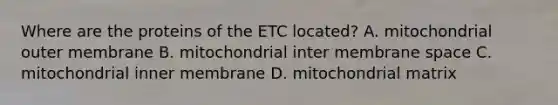 Where are the proteins of the ETC located? A. mitochondrial outer membrane B. mitochondrial inter membrane space C. mitochondrial inner membrane D. mitochondrial matrix