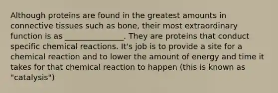 Although proteins are found in the greatest amounts in connective tissues such as bone, their most extraordinary function is as _______________. They are proteins that conduct specific chemical reactions. It's job is to provide a site for a chemical reaction and to lower the amount of energy and time it takes for that chemical reaction to happen (this is known as "catalysis")