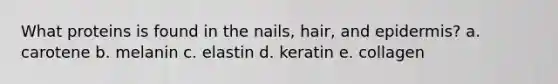 What proteins is found in the nails, hair, and epidermis? a. carotene b. melanin c. elastin d. keratin e. collagen