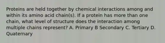 Proteins are held together by chemical interactions among and within its amino acid chain(s). If a protein has more than one chain, what level of structure does the interaction among multiple chains represent? A. Primary B Secondary C. Tertiary D. Quaternary