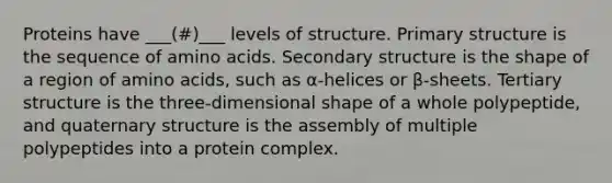 Proteins have ___(#)___ levels of structure. Primary structure is the sequence of amino acids. Secondary structure is the shape of a region of amino acids, such as α-helices or β-sheets. Tertiary structure is the three-dimensional shape of a whole polypeptide, and quaternary structure is the assembly of multiple polypeptides into a protein complex.