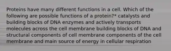 Proteins have many different functions in a cell. Which of the following are possible functions of a protein?* catalysts and building blocks of DNA enzymes and actively transports molecules across the cell membrane building blocks of DNA and structural components of cell membrane components of the cell membrane and main source of energy in cellular respiration