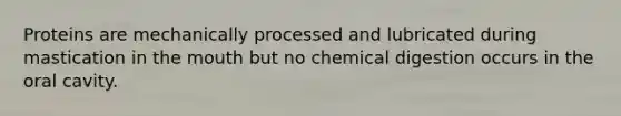 Proteins are mechanically processed and lubricated during mastication in the mouth but no chemical digestion occurs in the oral cavity.