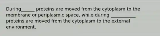 During______ proteins are moved from the cytoplasm to the membrane or periplasmic space, while during ___________ proteins are moved from the cytoplasm to the external environment.