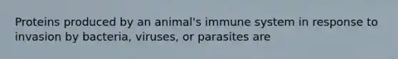 Proteins produced by an animal's immune system in response to invasion by bacteria, viruses, or parasites are