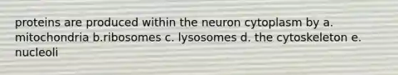 proteins are produced within the neuron cytoplasm by a. mitochondria b.ribosomes c. lysosomes d. the cytoskeleton e. nucleoli