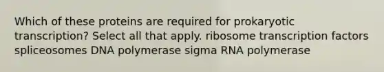 Which of these proteins are required for prokaryotic transcription? Select all that apply. ribosome transcription factors spliceosomes DNA polymerase sigma RNA polymerase