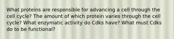 What proteins are responsible for advancing a cell through the cell cycle? The amount of which protein varies through the cell cycle? What enzymatic activity do Cdks have? What must Cdks do to be functional?