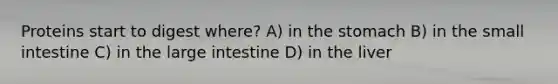 Proteins start to digest where? A) in <a href='https://www.questionai.com/knowledge/kLccSGjkt8-the-stomach' class='anchor-knowledge'>the stomach</a> B) in <a href='https://www.questionai.com/knowledge/kt623fh5xn-the-small-intestine' class='anchor-knowledge'>the small intestine</a> C) in the <a href='https://www.questionai.com/knowledge/kGQjby07OK-large-intestine' class='anchor-knowledge'>large intestine</a> D) in the liver