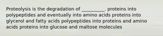 Proteolysis is the degradation of __________. proteins into polypeptides and eventually into amino acids proteins into glycerol and fatty acids polypeptides into proteins and amino acids proteins into glucose and maltose molecules