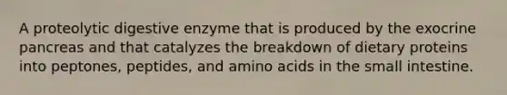 A proteolytic digestive enzyme that is produced by the exocrine pancreas and that catalyzes the breakdown of dietary proteins into peptones, peptides, and amino acids in the small intestine.