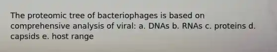 The proteomic tree of bacteriophages is based on comprehensive analysis of viral: a. DNAs b. RNAs c. proteins d. capsids e. host range