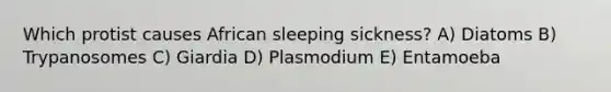 Which protist causes African sleeping sickness? A) Diatoms B) Trypanosomes C) Giardia D) Plasmodium E) Entamoeba