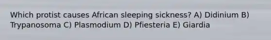 Which protist causes African sleeping sickness? A) Didinium B) Trypanosoma C) Plasmodium D) Pfiesteria E) Giardia